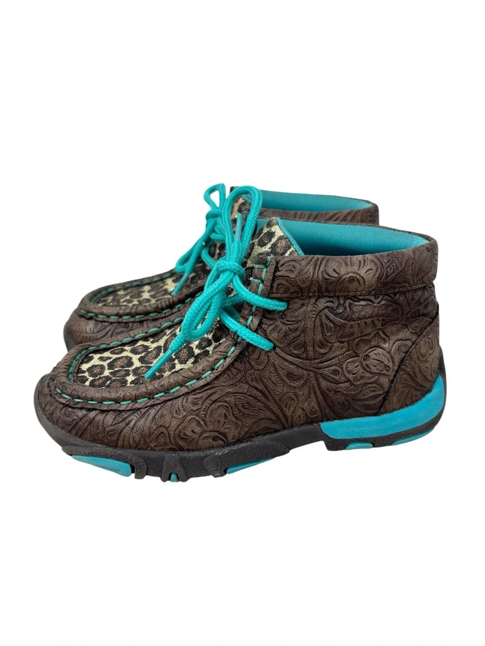 Twister Kids Leopard Print Tooled Leather Driving Mocs Shoes Size 10